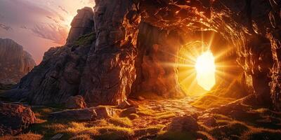 stone rocky empty cave tomb and light rays easter photo