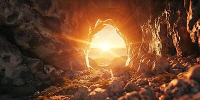 stone rocky empty cave tomb and light rays easter photo