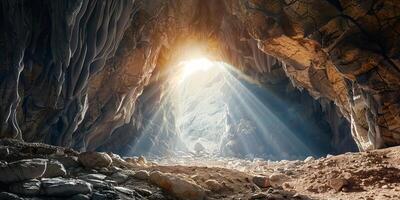 stone rocky empty cave tomb and light rays easter photo