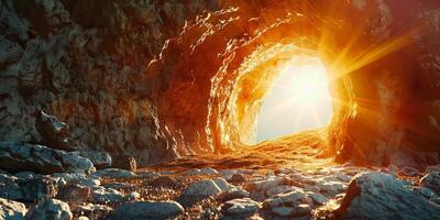 stone rocky empty cave tomb and light rays easter photo