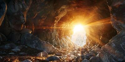 stone rocky empty cave tomb and light rays easter photo