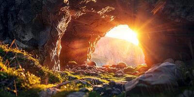 stone rocky empty cave tomb and light rays easter photo