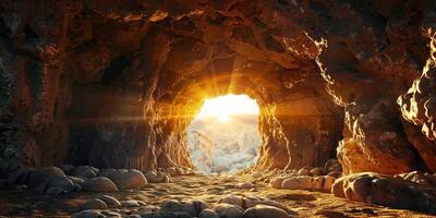 Roca rocoso vacío cueva tumba y ligero rayos Pascua de Resurrección foto