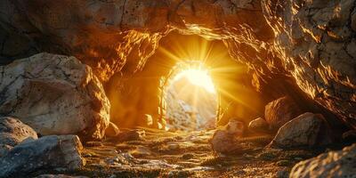 stone rocky empty cave tomb and light rays easter photo