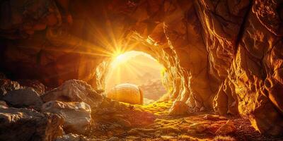 stone rocky empty cave tomb and light rays easter photo
