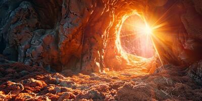 stone rocky empty cave tomb and light rays easter photo