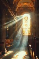 bright rays of light penetrating through the windows of the church photo