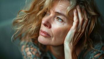 tired woman holding her head close-up photo