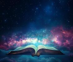 open Bible against the background of the cosmic sky photo