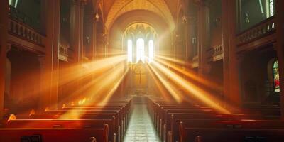 bright rays of light penetrating through the windows of the church photo