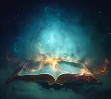 open Bible against the background of the cosmic sky photo