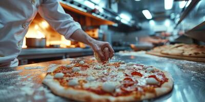 pizza chef preparing pizza close-up photo