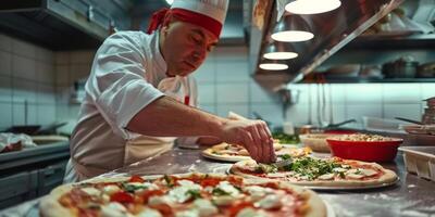 pizza chef preparing pizza close-up photo