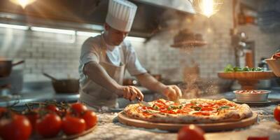 pizza chef preparing pizza close-up photo