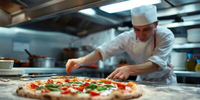 pizza chef preparing pizza close-up photo