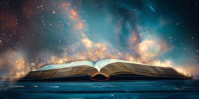 open Bible against the background of the cosmic sky photo