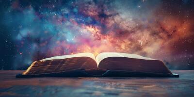abierto Biblia en contra el antecedentes de el cósmico cielo foto