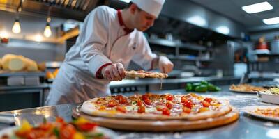 pizza chef preparing pizza close-up photo