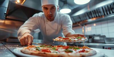 pizza chef preparing pizza close-up photo