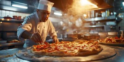 pizza chef preparing pizza close-up photo