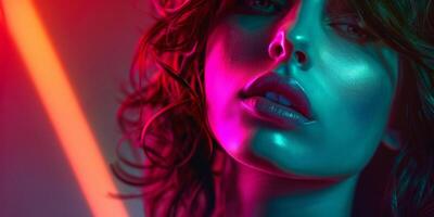 close-up portrait of a girl in neon light photo