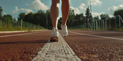 feet in sneakers of a man running along the path photo