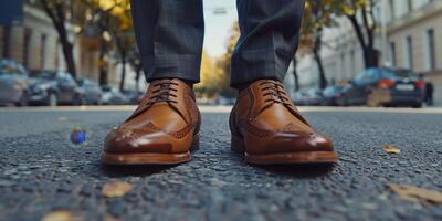 man with business shoes and trousers close-up of legs photo