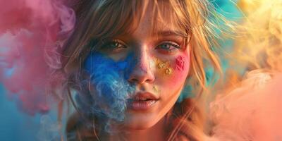 portrait of a girl at a party with colorful dust photo