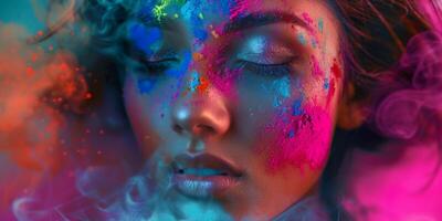 portrait of a girl at a party with colorful dust photo