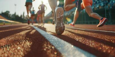 feet in sneakers of a man running along the path photo