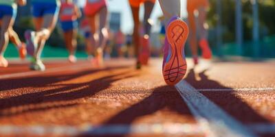 feet in sneakers of a man running along the path photo