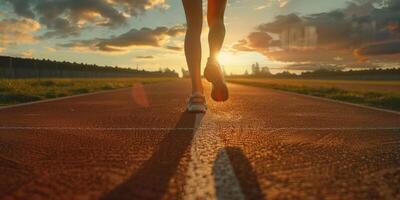 feet in sneakers of a man running along the path photo