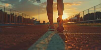 feet in sneakers of a man running along the path photo