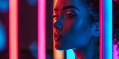 close-up portrait of a girl in neon light photo