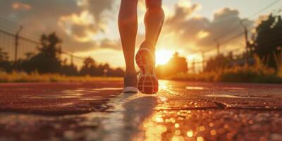 feet in sneakers of a man running along the path photo