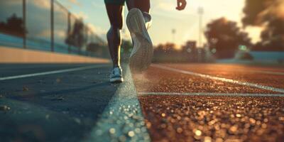 feet in sneakers of a man running along the path photo