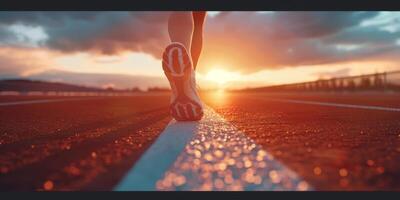 feet in sneakers of a man running along the path photo