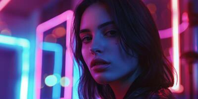 close-up portrait of a girl in neon light photo