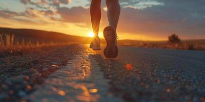 feet in sneakers of a man running along the path photo