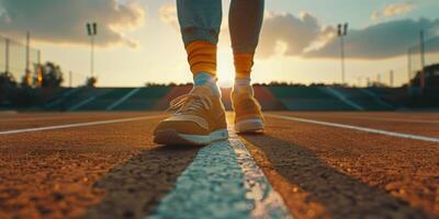 feet in sneakers of a man running along the path photo
