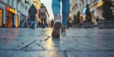 pies en zapatillas de un hombre corriendo a lo largo el camino foto