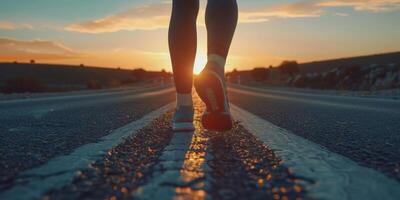 feet in sneakers of a man running along the path photo