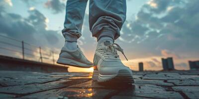 pies en zapatillas de un hombre corriendo a lo largo el camino foto