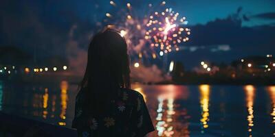 girl against the background of fireworks in the sky photo