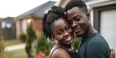 portrait of a young couple in front of their new home photo