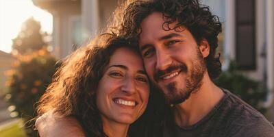 portrait of a young couple in front of their new home photo