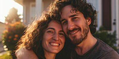 portrait of a young couple in front of their new home photo