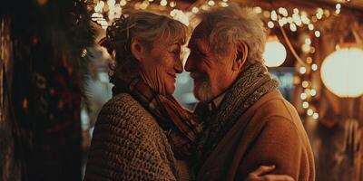 elderly couple in love hugging outside photo