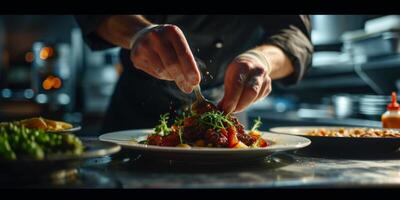 cook prepares salad close-up photo