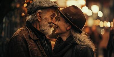 elderly couple in love hugging outside photo